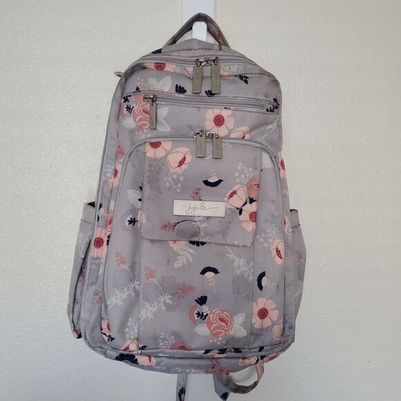 JuJuBe Be Right Back Multi-Function Diaper Backpack Floral Gray Multi Zip Pocket - Picture 1 of 16